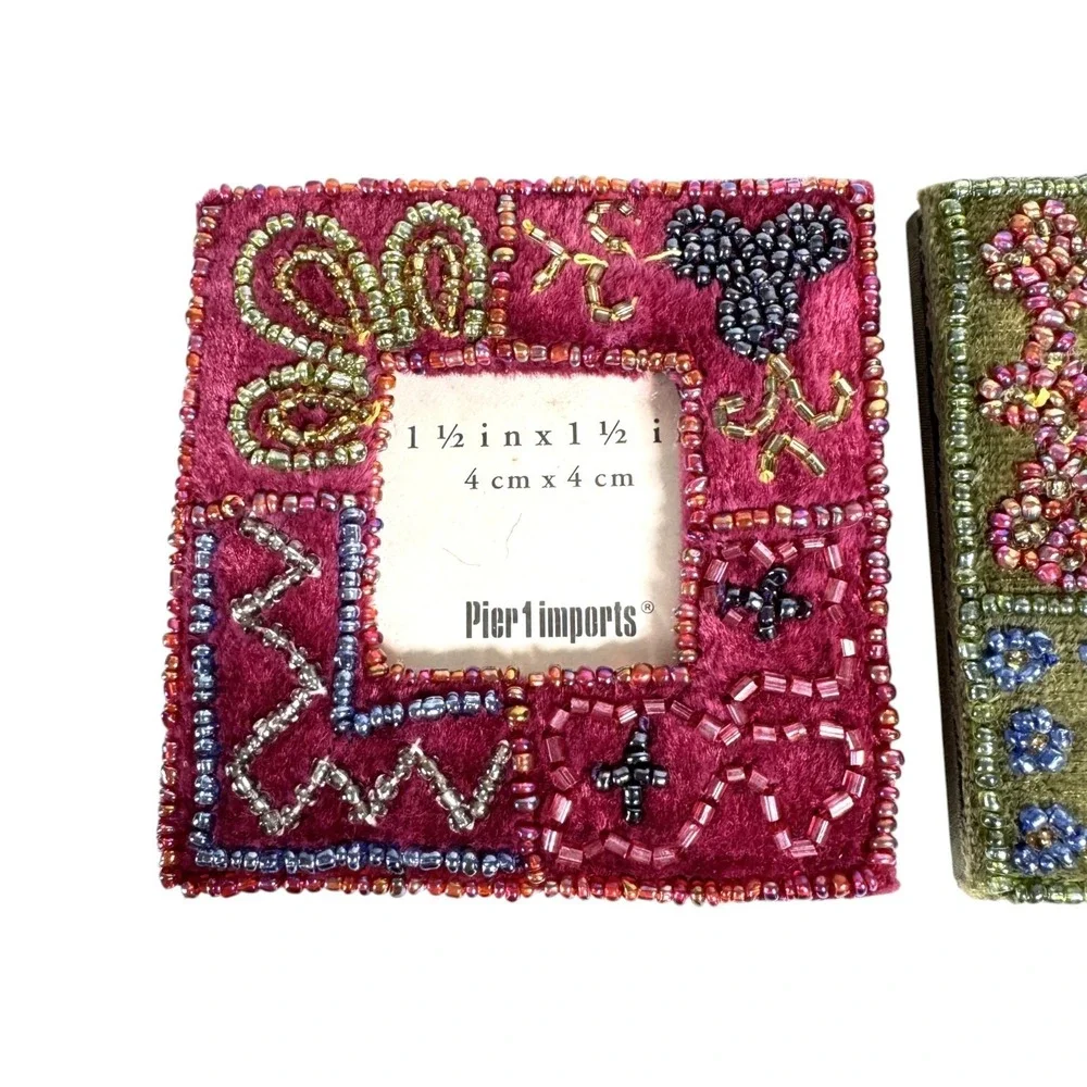 NFS Set Of 3 Pier One Imports Velvet & Beaded 1.5 x 1.5 Mini Photo Frames, NEW